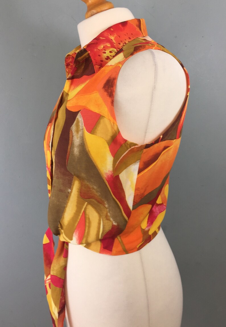Vintage bright sleeveless tie waist blouse top 1012 Orange yellow