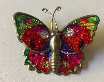 Bright glittery vintage butterfly brooch pin Brass Sparkly