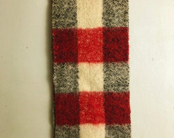 Short red grey check mohair blend short scarf 9" Wide 44" long Vintage