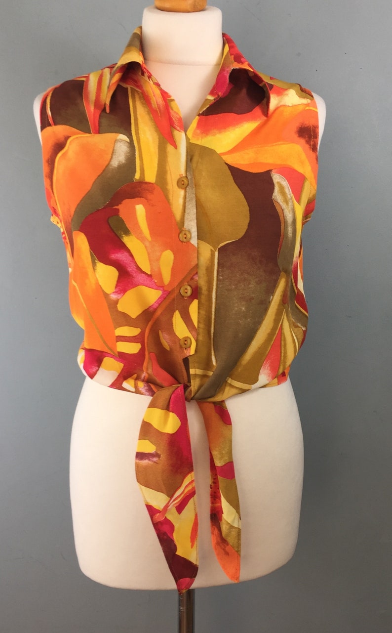 Vintage bright sleeveless tie waist blouse top 1012 Orange yellow