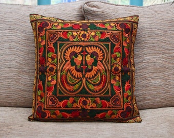 Orange embroidered cushion cover, Thai cushion, Hmong hilltribe, bohemian cushion, boho cushion, colourful cushion, throw pillow