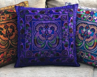 Purple embroidered cushion cover, boho cushion, bohemian decor, Thai cushion, Hmong cushion, bohemian cushion, colourful cushion