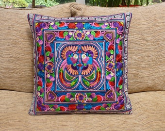 Embroidered cushion cover, boho cushion, bohemian decor, Thai cushion, Hmong cushion, bohemian cushion, colourful cushion