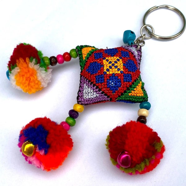 3 x Pompom cross-stitch Keyring  | Handmade keyring | handmade gift