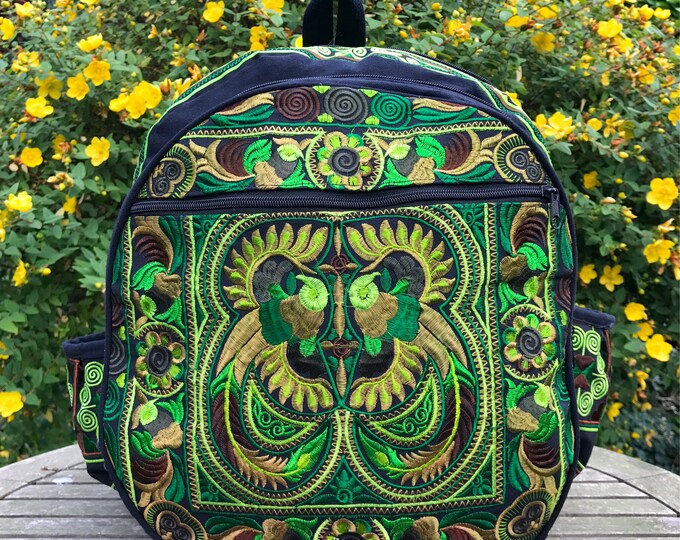 Green Embroidered Hmong Backpack, Boho Bag, Bohemian Bag, Hippie