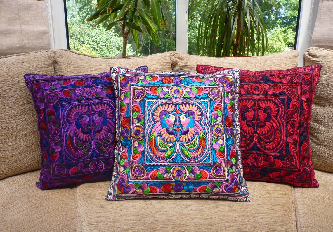 Embroidered Cushion Cover Boho Cushion Bohemian Decor Thai Etsy UK