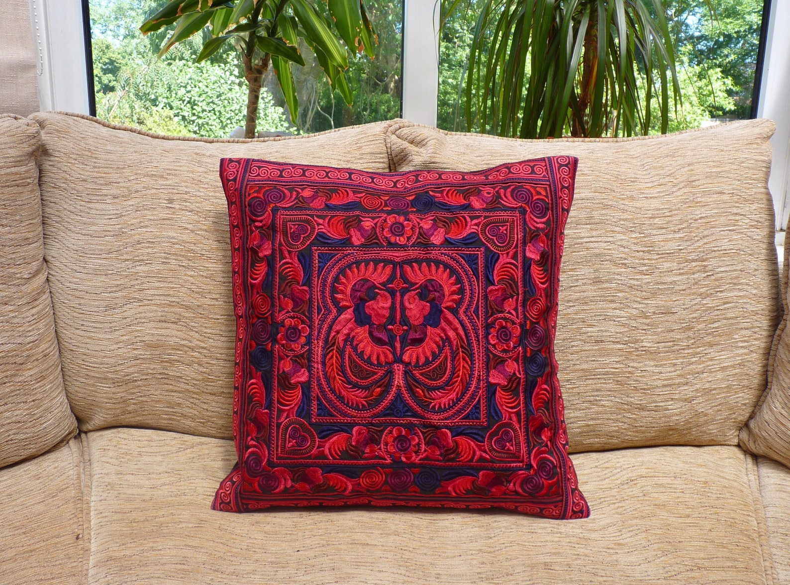 Red Embroidered Cushion Cover Boho Cushion Bohemian Decor Etsy