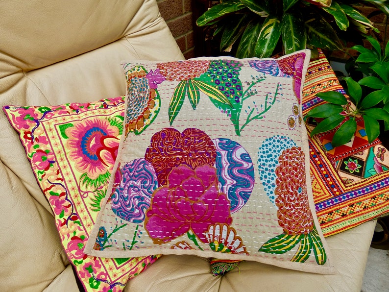 Hand stitched Kantha cushion cover Indian cushion cover boho cushion throw pillow image 8