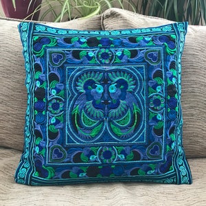 Turquoise Hmong cushion cover, boho cushion, bohemian decor, embroidered cushion, Thai cushion, bohemian cushion, colourful cushion