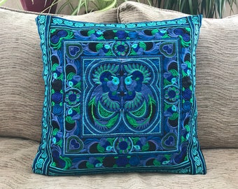 Turquoise Hmong cushion cover, boho cushion, bohemian decor, embroidered cushion, Thai cushion, bohemian cushion, colourful cushion