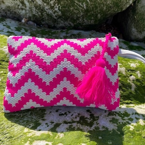 Handwoven Canvas Beach Clutch, Makeup Pouch, Striped Summer Vacation Bag, Bachelorette Party Favor, Bridesmaid Proposal
