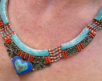 Collier Turquoise tibétain et Lapis | | de collier de déclaration | de bijoux boho | de bijoux ethniques tribaux cadeaux pour elle