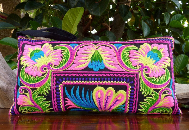 Thai clutch bag embroidered clutch bag boho purse ethnic purse colourful Hmong purse image 1