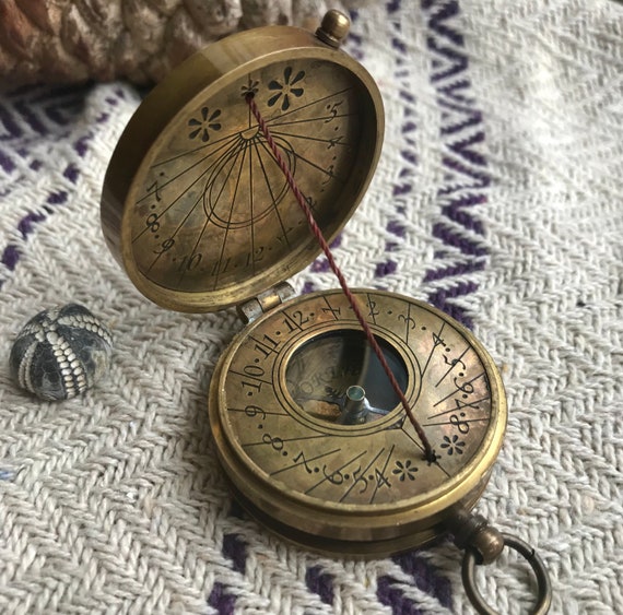 Brass Pocket Compass W/sundial Vintage Compass Handmade Compass