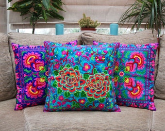 Embroidered cushion cover, Hmong cushion, colourful cushion, Thai cushion, boho cushion, bohemian cushion, throw pillow, bohemian decor