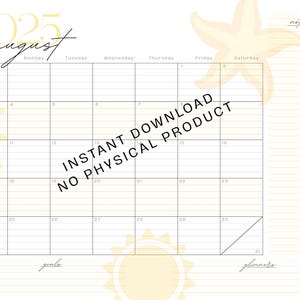 August 2025 Printable Calendar - Sunflower & Starfish Design | Monthly Wall Planner | Notes, Goals, and Glimmers Sections | PDF Download
