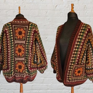 Hexagon cardigan with African Violet Flower granny square back detail and pockets Plus size Coat Unisex Easy  CROCHET PATTERN