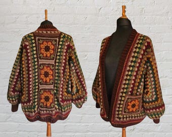 Hexagon cardigan with African Violet Flower granny square back detail and pockets Plus size Coat Unisex Easy  CROCHET PATTERN