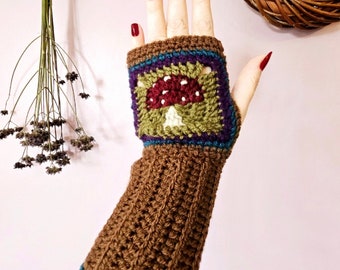 Toadstool/mushroom granny square fingerless gloves, gauntlets, wrist warmers, woodland crochet patterns