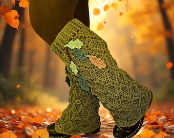 Whimsical Woodland Leafy Leg Warmers crochet pattern.