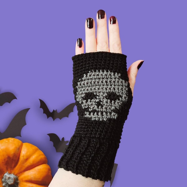 Skull Fingerless Gloves crochet pattern.  Wrist warmers. Unisex gloves. Simple, no sew.