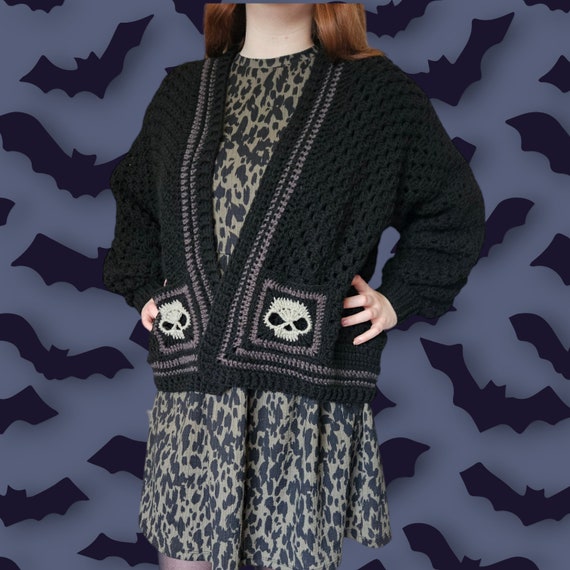 Skull Hexagon Cardigan With Granny Square Back Detail and Pockets