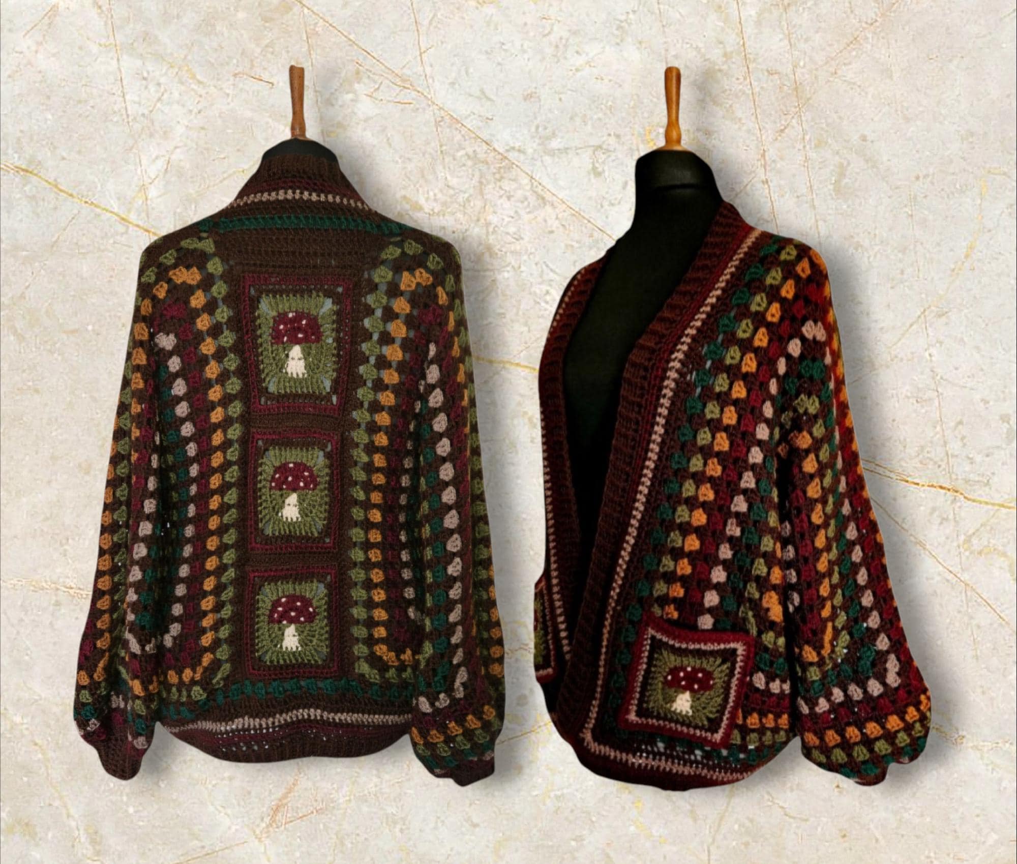 40 Plus Size Crochet Patterns for Stylish, Comfortable Wearables 15 Cottagecore cardigan with Toadstool Granny square back