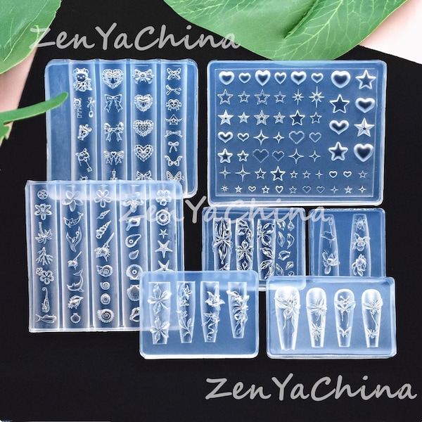 Moldes de silicona de alta precisión para decoración de uñas: 9 diseños florales, oceánicos, de corazones y kawaii. Herramientas para manicura DIY.