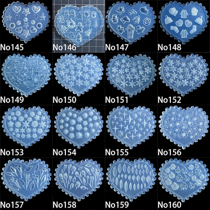 May include: A selection of heart-shaped moulds in translucent blue, featuring diverse designs such as stars, snowflakes, and floral motifs. Each mould has a scalloped edge and is labelled with a number. Measurements are in centimetres.