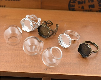 5set 20*15mm Empty Glass Globe Ring Set Glass Dome Glass vial Ring Jewelry Making Supply Ring DIY