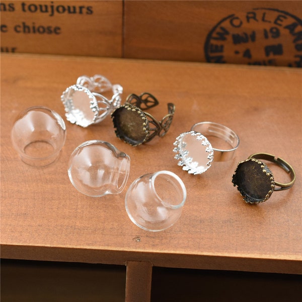 5set 20*15mm Empty Glass Globe Ring Set Glass Dome Glass vial Ring Jewelry Making Supply Ring DIY