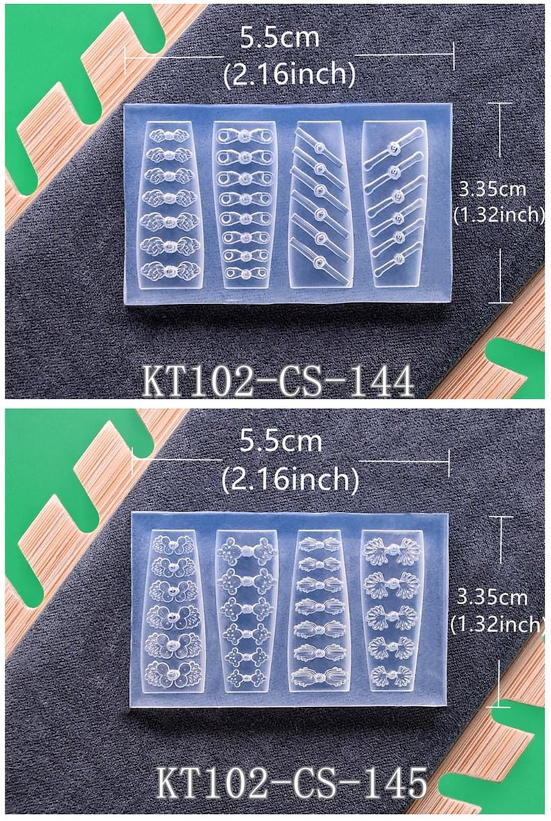 May include: Two clear silicone molds, each with four different designs. The top mold, labeled KT102-CS-144, measures 5.5cm (2.16 inches) wide and 3.35cm (1.32 inches) tall. The bottom mold, labeled KT102-CS-145, has similar dimensions. The molds are on a dark gray surface.