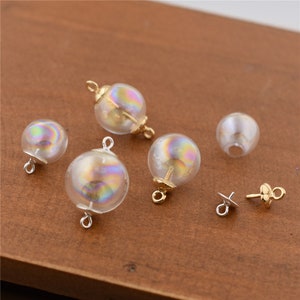 5sets 10mm-16mm Pearly lustre Hollow Glass ball with 925 silver or 24K Gold plated cap , Glass Vial Pendant Hollow Glass Beads