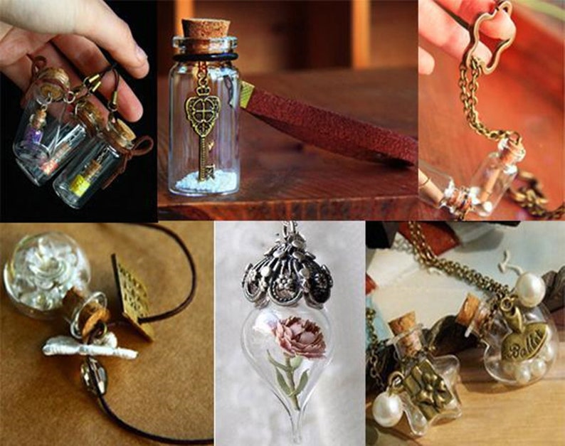 May include: Assortment of glass bottle necklaces with various charms and embellishments. Some bottles contain small objects, such as flowers, keys, and beads. The necklaces are made with different types of chains and cords.