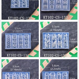 May include: Clear silicone molds for nail art, featuring various floral and botanical designs. Each mold is rectangular, with dimensions of approximately 2.2 inches by 1.37 inches. The image includes the product codes KT102-CS-132 through KT102-CS-137.