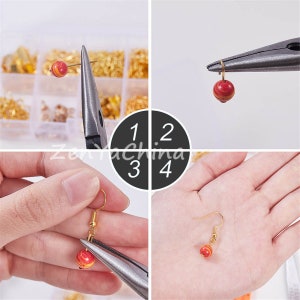 May include: A step-by-step guide on how to make earrings using pliers and a red and gold bead. The image shows four steps: 1. Attaching the bead to the earring hook, 2. Bending the earring hook, 3. Attaching the bead to the earring hook, and 4. The finished earring.