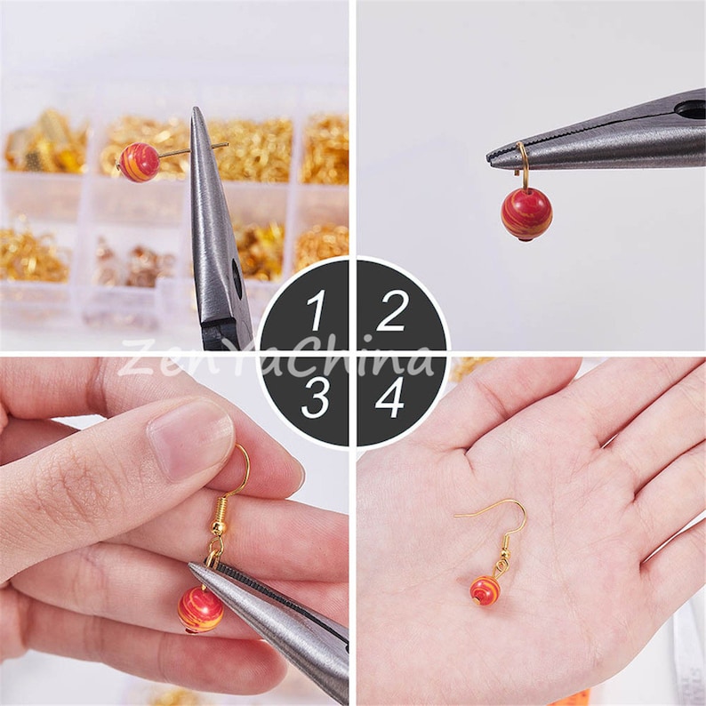 May include: A step-by-step guide on how to make earrings using pliers and a red and gold bead. The image shows four steps: 1. Attaching the bead to the earring hook, 2. Bending the earring hook, 3. Attaching the bead to the earring hook, and 4. The finished earring.
