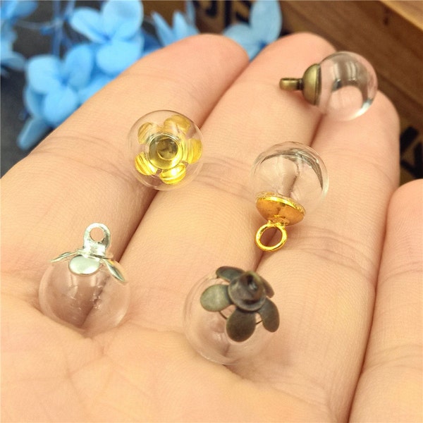 10sets 8mm-14mm Empty Glass ball with Five Petal cap Glass Vial Pendant Earring Pendant charms Jewrlry Making Supply