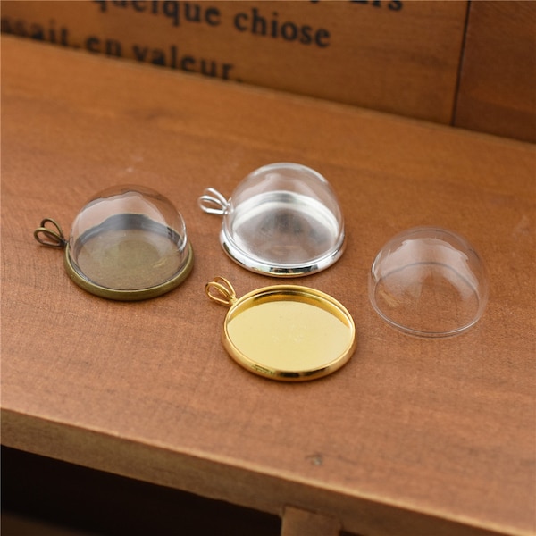 5sets 10sets 20sets 20mm Half Glass Dome Glass Cover with V rabbit cap Empty Glass Locket, Glass Vial Pendant Cabochon Charms