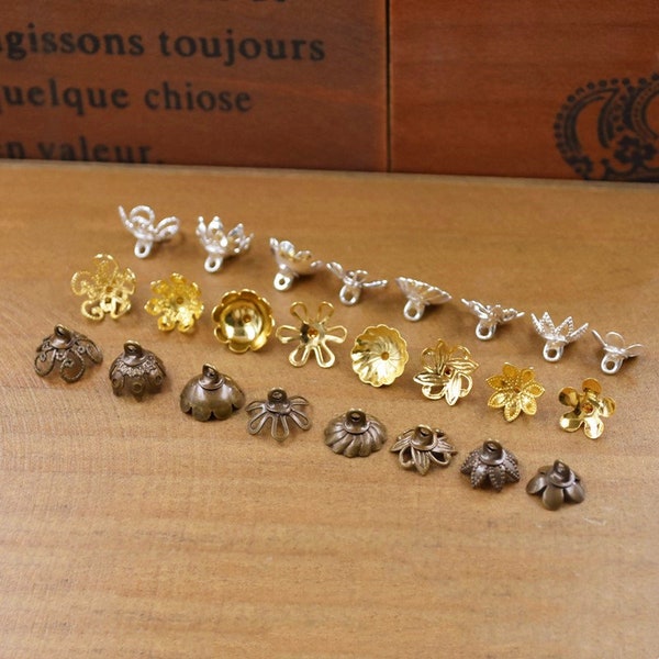 20 pièces bouchons de perles en laiton pour flacon en verre globe en verre embouts capuchon de perle, couleur bronze antique argent or perles de fleur fin résultats de bijoux