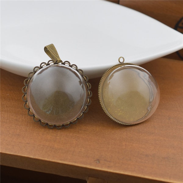 5sets 30mm half glass dome cover cabochon with hanger ring base empty glass locket, glass globe vial pendant charms