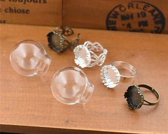 5set 25*15mm Empty Glass Globe Ring Set Glass Dome Glass vial Ring Jewelry Making Supply Ring DIY