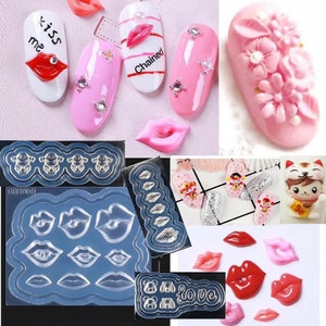 May include: A set of clear silicone nail art molds with various designs, including lips, bears, and the word "love". The molds are shown with examples of finished nail art designs.