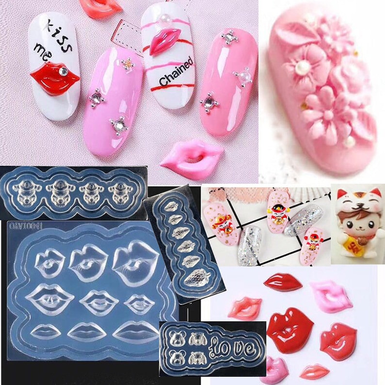 May include: A set of clear silicone nail art molds with various designs, including lips, bears, and the word "love". The molds are shown with examples of finished nail art designs.