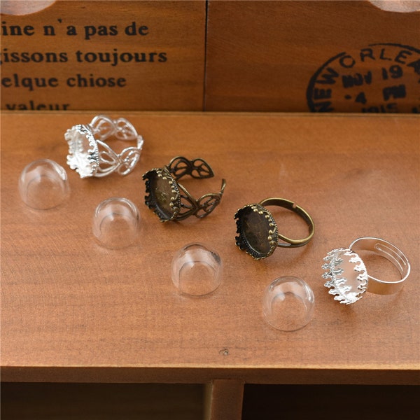 5sets 15mm Verre Dôme Verre Cabochon avec base d’anneau réglable BRICOLAGE Anneau d’alimentation En verre globe ensemble d’anneaux