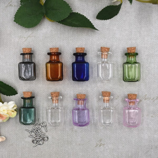 10pcs Colored Tiny Glass Jars Mini Glass Bottles with Cork Stoppers Mini Square Glass Cork Bottles for Party Wedding DIY Decoration