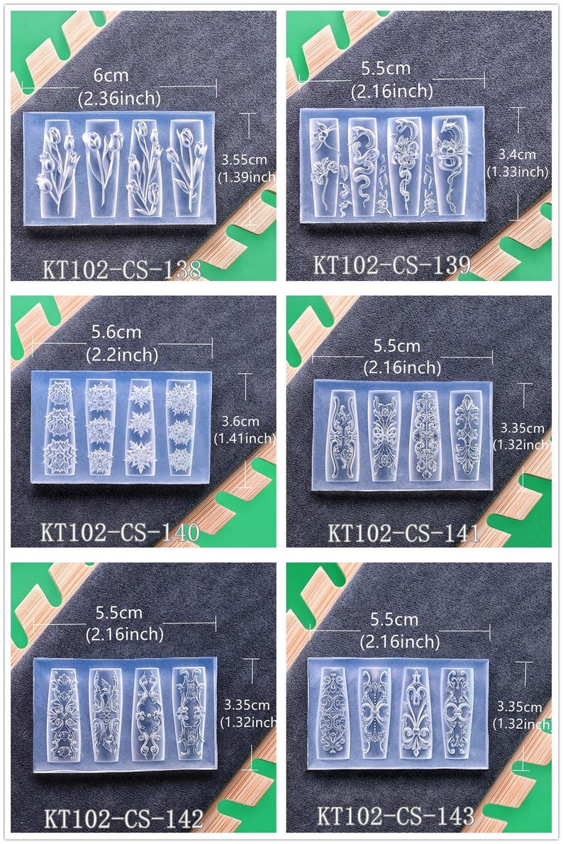 May include: Six clear silicone molds with various designs, including flowers, swirls, and ornate patterns. Each mold is approximately 2.16 to 2.36 inches long and 1.32 to 1.41 inches wide. The product codes KT102-CS-138 through KT102-CS-143 are visible.