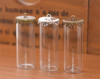 6sets 40x15mm empty tube glass globe hook cap set glass necklace pendant, glass vial pendant cute charms hollow Glass locket