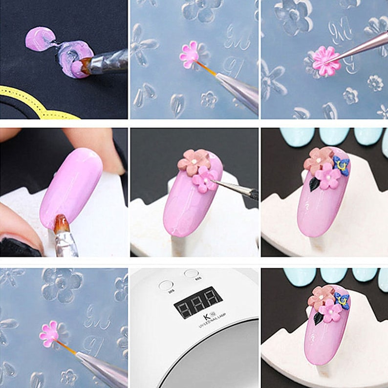May include: Images showing nail art application. The process involves applying pink gel polish, adding flower-shaped decorations, and curing under a UV nail lamp. The finished result is a pink nail with 3D floral designs.