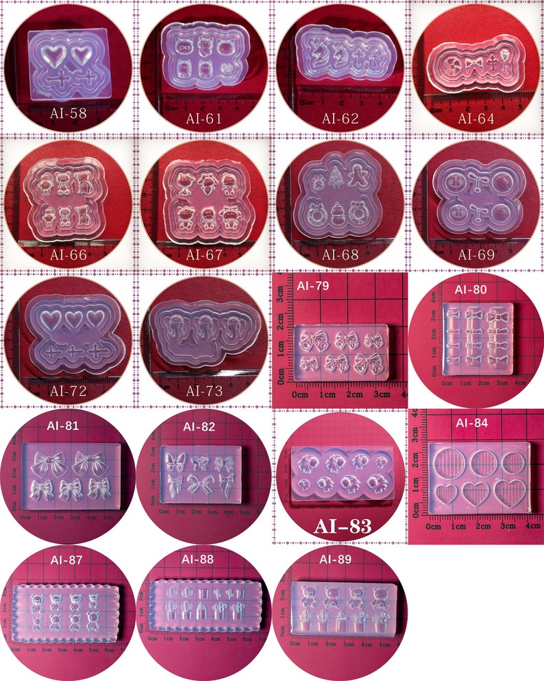 May include: A set of 10 clear silicone molds for crafting. The molds feature various designs, including hearts, bows, butterflies, and animals. The molds are approximately 2 inches wide and 1 inch tall.